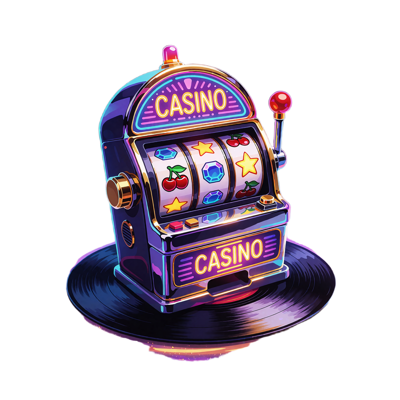 Slotmaskine med tre hjul p&aring; en sort vinylplade omgivet af orange lys - illustration af Megaways-slots hos WinBeatz