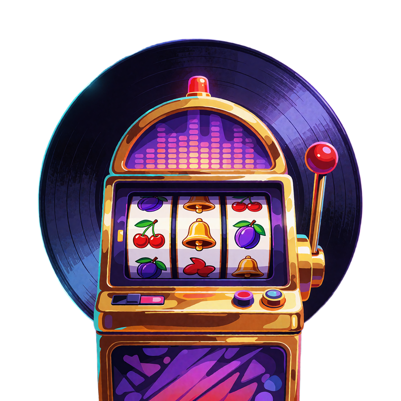 Klassisk gylden slotmaskine med h&aring;ndtag foran en vinylplade i violet og cyan lys - slots med h&oslash;j volatilitet