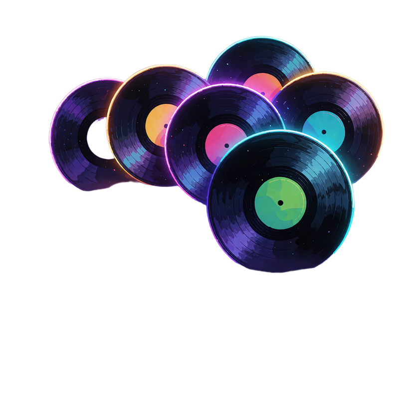 Fem vinylplader med farvede etiketter i neonlys - symbol for hele spilkataloget hos WinBeatz Casino