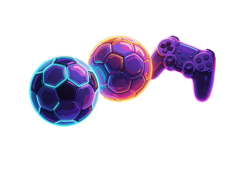 Fodbold, h&aring;ndbold og gamingcontroller sv&aelig;ver p&aring; en diagonal over en lysende scenerunding - sportsbog med fodbold, h&aring;ndbold og esport