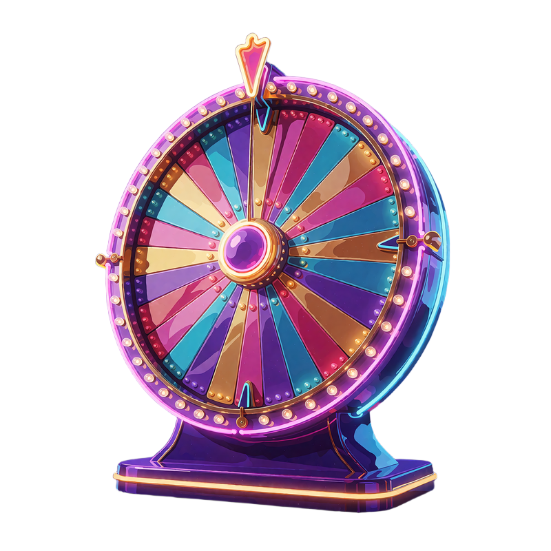 H&oslash;jt game show-hjul med farvede segmenter og p&aelig;relys p&aring; et glinsende stativ - game shows i live casino