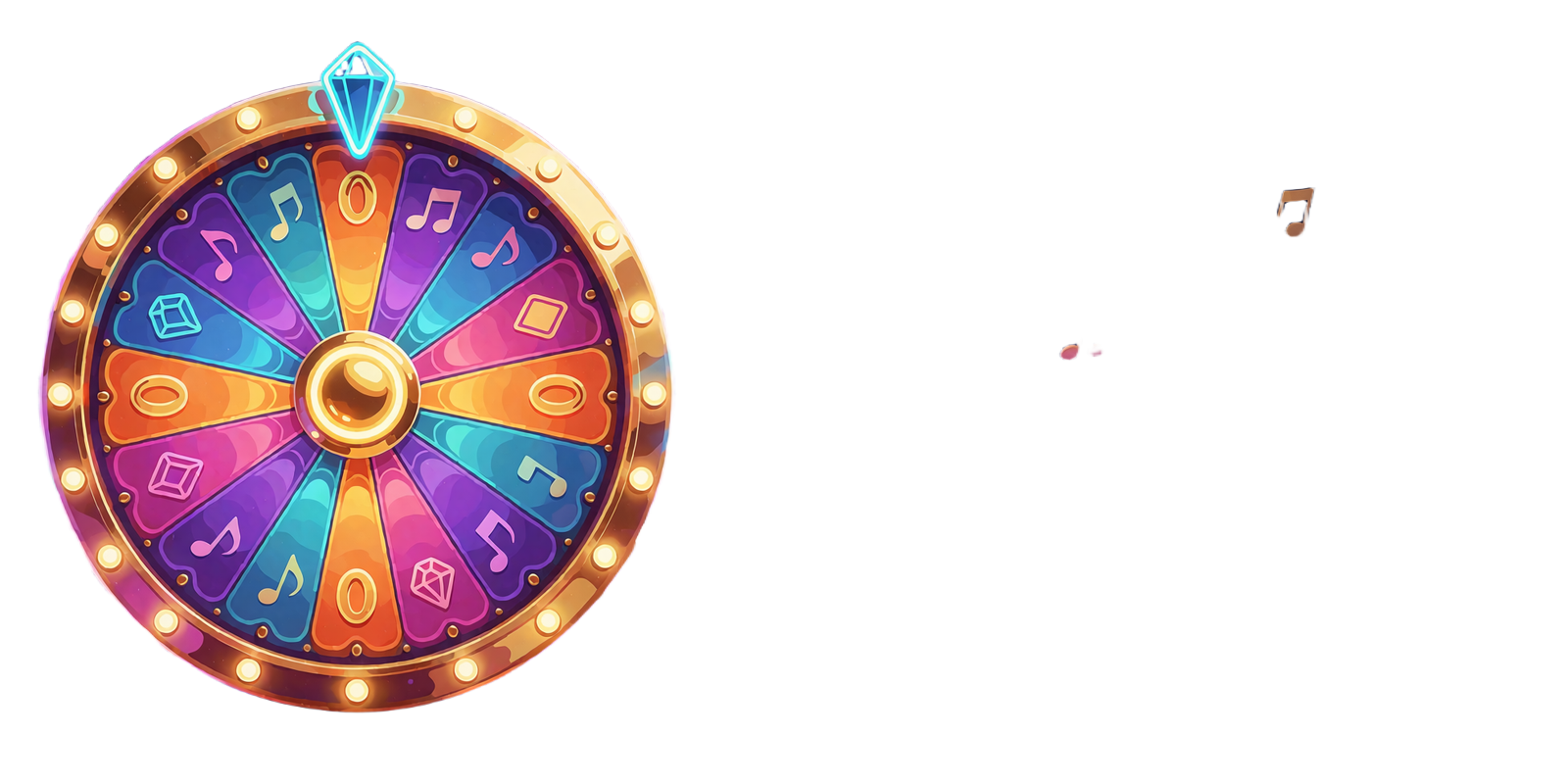 Wheel of Fortune med guldkant og nodelinjer, der sv&aelig;ver mod h&oslash;jre - illustration af missioner og hjulspins hos WinBeatz