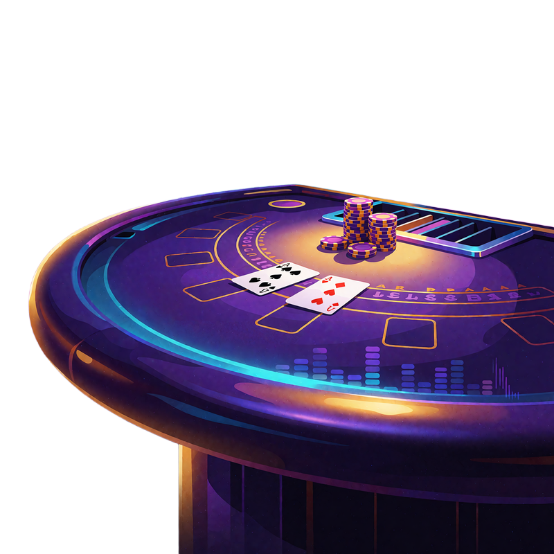 Buet blackjackbord med violet filt, to spillekort og jetoner under et gyldent spotlys - live blackjack